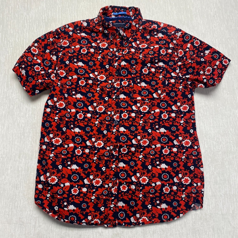 Denim & Flower by Ricky Singh Shirt Mens Medium Red Floral Slim Fit Button Down